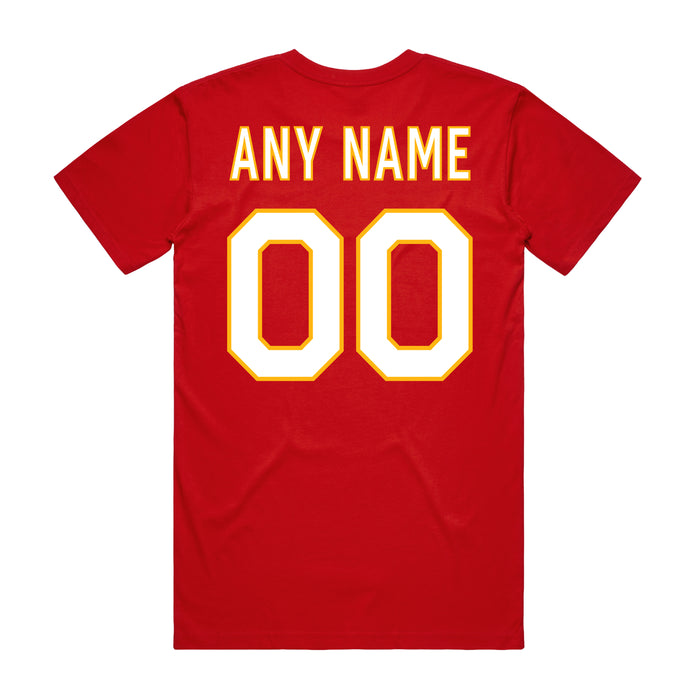 Back angle of the MAS Kansas City Wheelchair Football Amplife Customizable Red T-Shirt against a white background