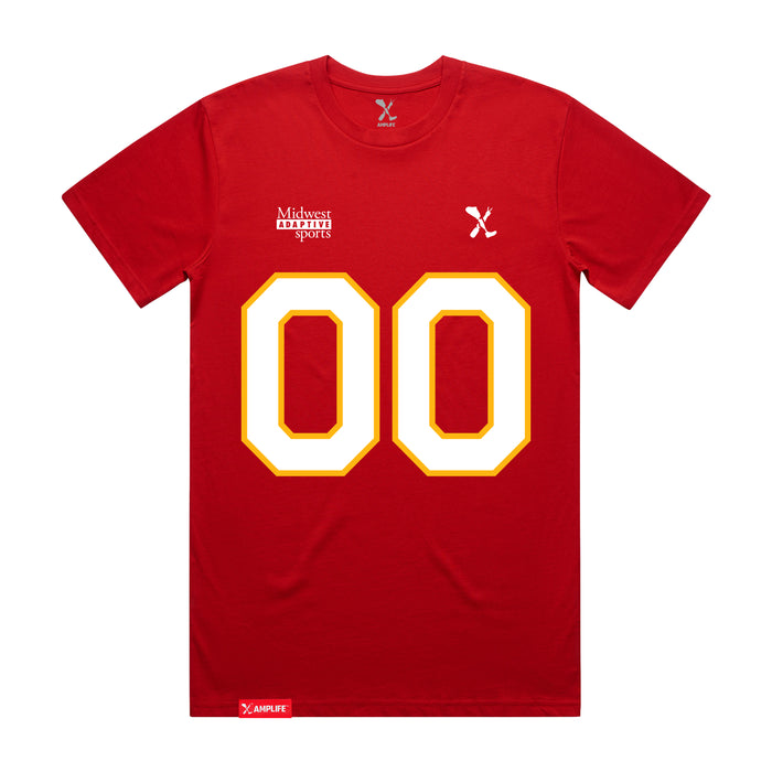 Front angle of the MAS Kansas City Wheelchair Football Amplife Customizable Red T-Shirt against a white background