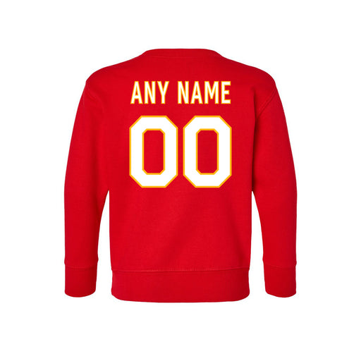 Back angle of the MAS Kansas City Wheelchair Football Amplife Customizable Toddler Red Crewneck Sweatshirt against a white background