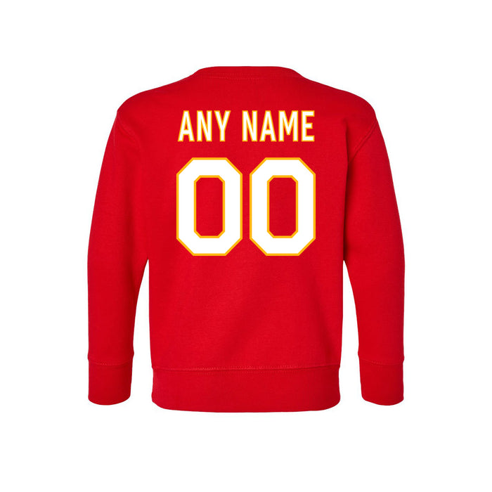 Back angle of the MAS Kansas City Wheelchair Football Amplife Customizable Toddler Red Crewneck Sweatshirt against a white background