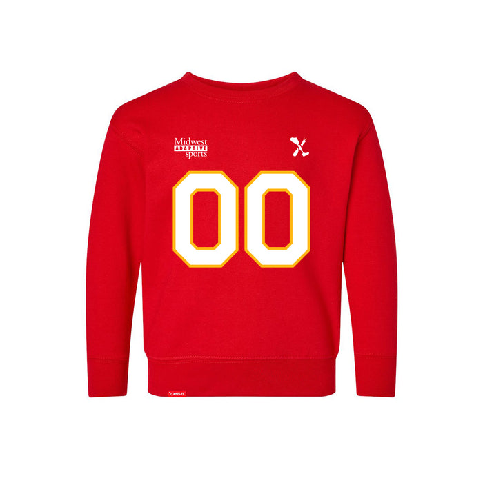 Front angle of the MAS Kansas City Wheelchair Football Amplife Customizable Toddler Red Crewneck Sweatshirt against a white background