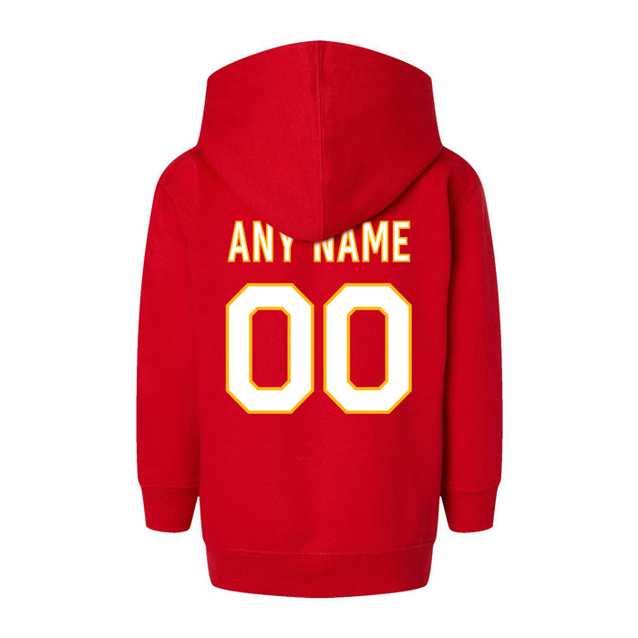 Back angle of the MAS Kansas City Wheelchair Football Amplife Customizable Toddler Red Hoodie against a white background