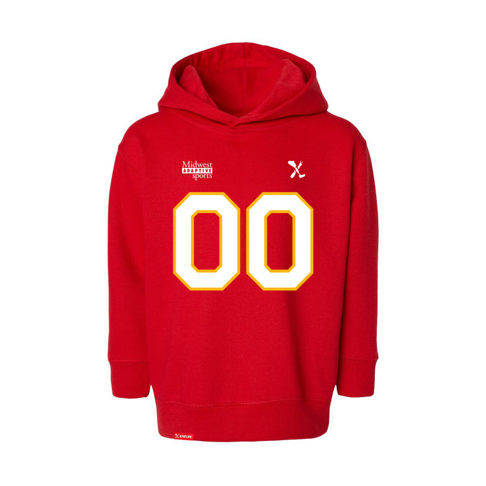 Front angle of the MAS Kansas City Wheelchair Football Amplife Customizable Toddler Red Hoodie against a white background