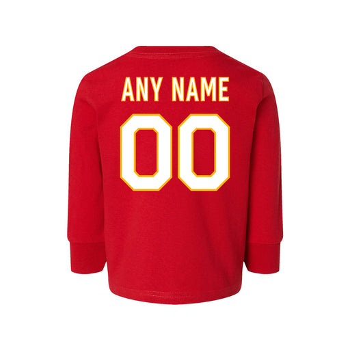 Back angle of the MAS Kansas City Wheelchair Football Amplife Customizable Toddler Red Long Sleeve T-Shirt against a white background