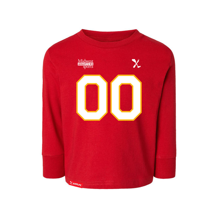 Front angle of the MAS Kansas City Wheelchair Football Amplife Customizable Toddler Red Long Sleeve T-Shirt against a white background