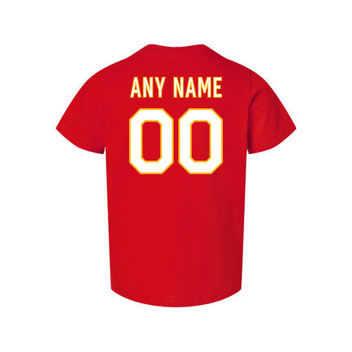 Back angle of the MAS Kansas City Wheelchair Football Amplife Customizable Toddler Red T-Shirt against a white background