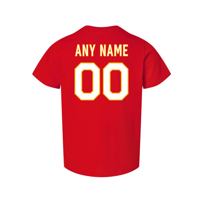 Back angle of the MAS Kansas City Wheelchair Football Amplife Customizable Toddler Red T-Shirt against a white background