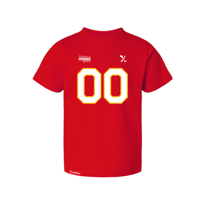 Front angle of the MAS Kansas City Wheelchair Football Amplife Customizable Toddler Red T-Shirt against a white background