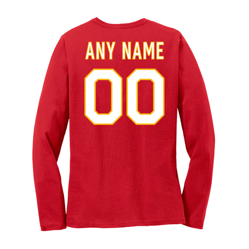 Back angle of the MAS Kansas City Wheelchair Football Amplife Customizable Women's Red Long Sleeve T-Shirt against a white background