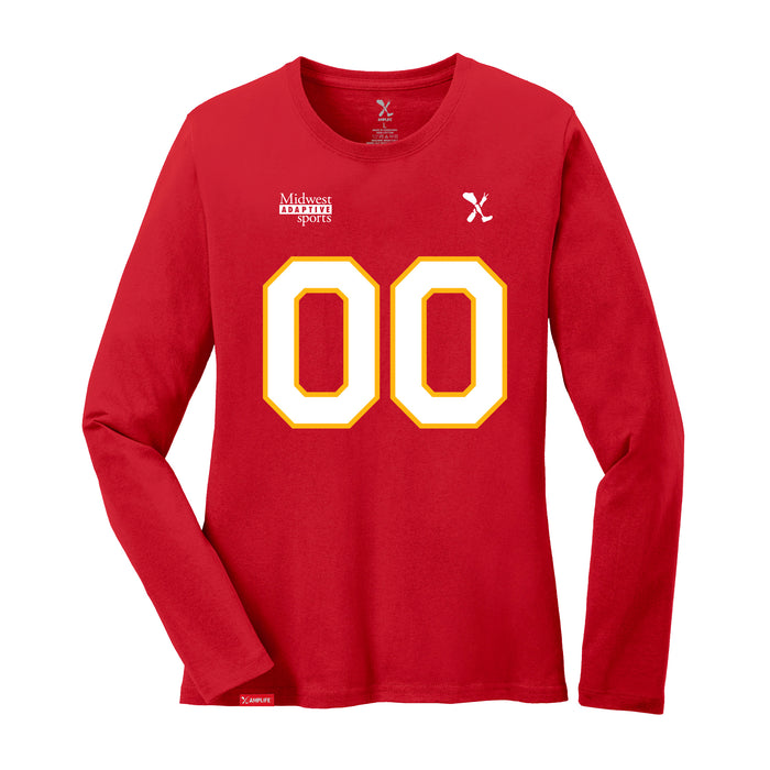 Front angle of the MAS Kansas City Wheelchair Football Amplife Customizable Women's Red Long Sleeve T-Shirt against a white background