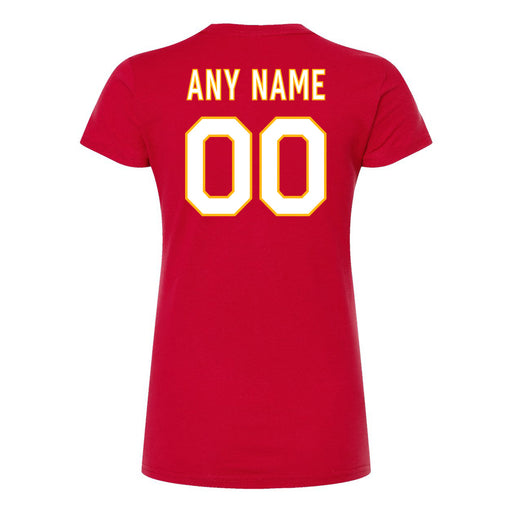 Back angle of the MAS Kansas City Wheelchair Football Amplife Customizable Women's Red Slim T-Shirt against a white background