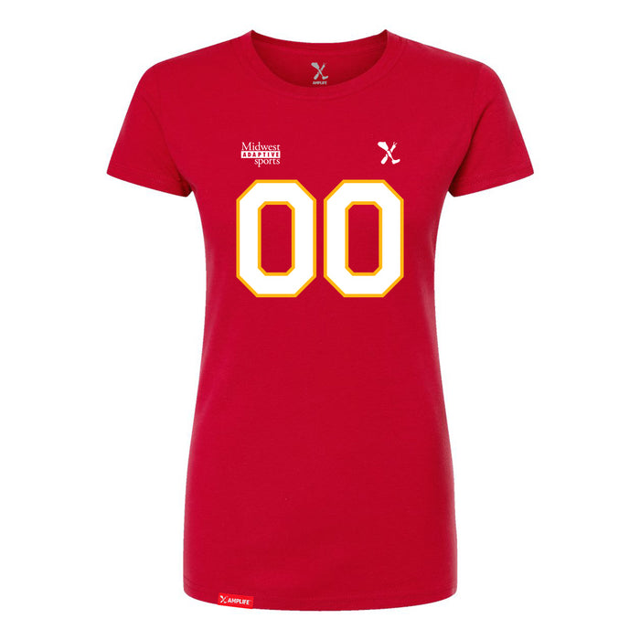 Front angle of the MAS Kansas City Wheelchair Football Amplife Customizable Women's Red Slim T-Shirt against a white background