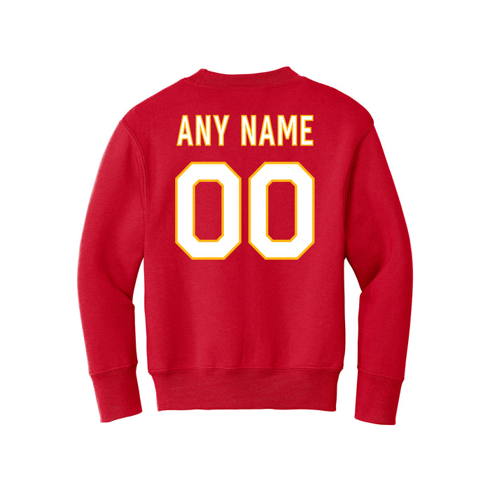 Back angle of the MAS Kansas City Wheelchair Football Amplife Customizable Youth Red Crewneck Sweatshirt against a white background