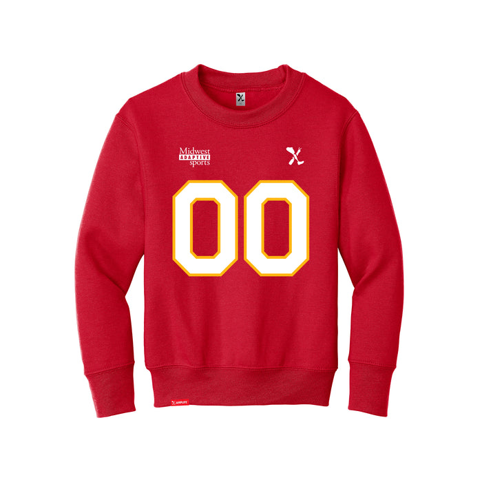 Front angle of the MAS Kansas City Wheelchair Football Amplife Customizable Youth Red Crewneck Sweatshirt against a white background