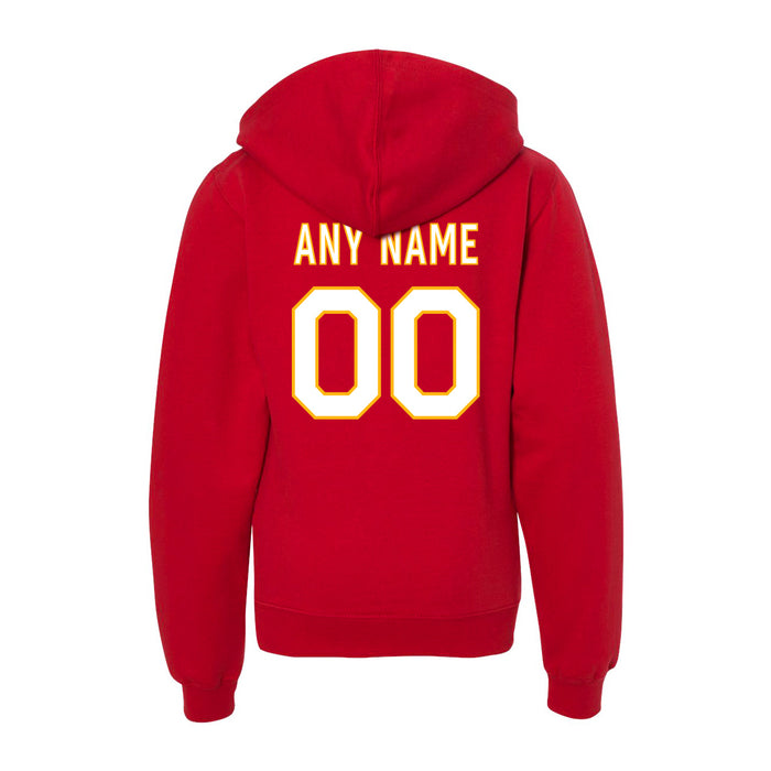 Back angle of the MAS Kansas City Wheelchair Football Amplife Customizable Youth Red Hoodie against a white background