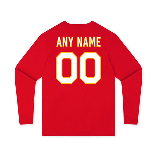 Back angle of the MAS Kansas City Wheelchair Football Amplife Customizable Youth Red Long Sleeve T-Shirt against a white background