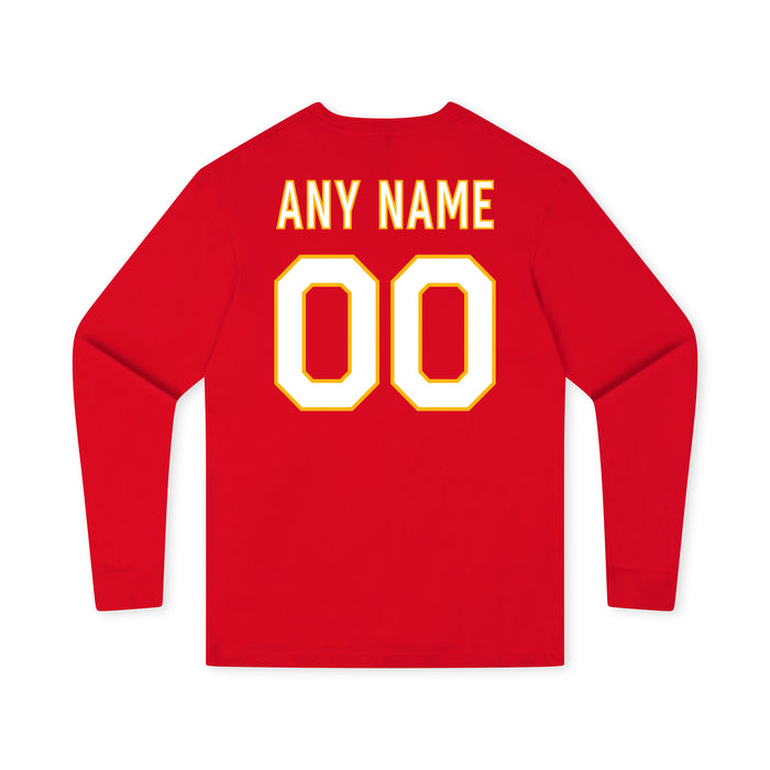 Back angle of the MAS Kansas City Wheelchair Football Amplife Customizable Youth Red Long Sleeve T-Shirt against a white background