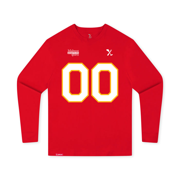 Front angle of the MAS Kansas City Wheelchair Football Amplife Customizable Youth Red Long Sleeve T-Shirt against a white background