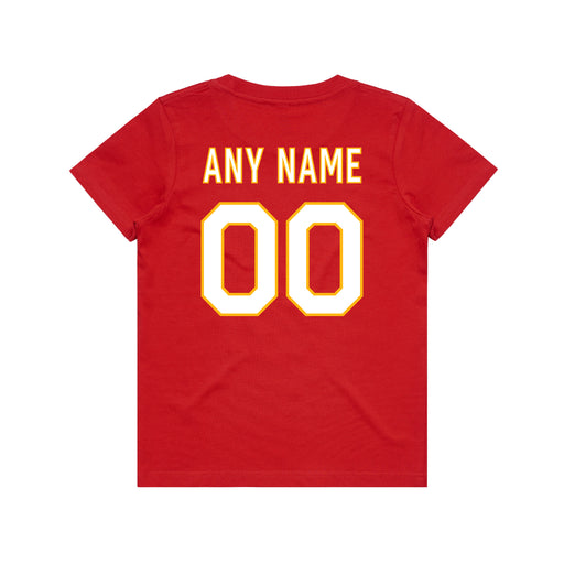 Back angle of the MAS Kansas City Wheelchair Football Amplife Customizable Youth Red T-Shirt against a white background