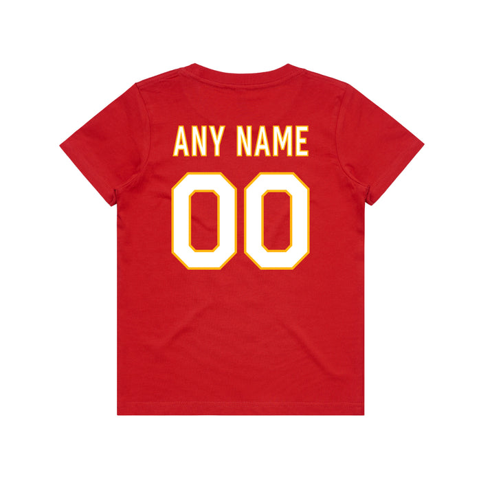 Back angle of the MAS Kansas City Wheelchair Football Amplife Customizable Youth Red T-Shirt against a white background