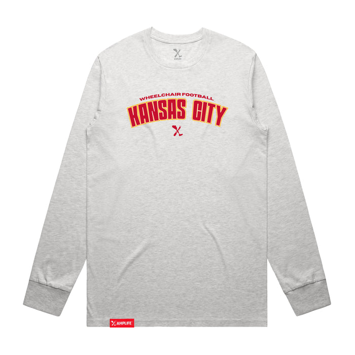 MAS Kansas City Wheelchair Football Arch Ash Heather Grey Long Sleeve T-Shirt on a white background