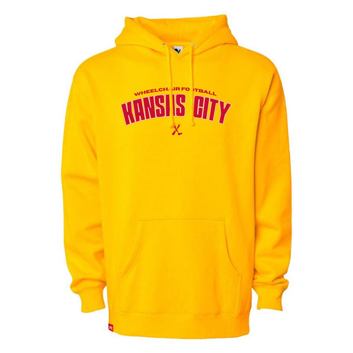 MAS Kansas City Wheelchair Football Arch Gold Hoodie on a white background