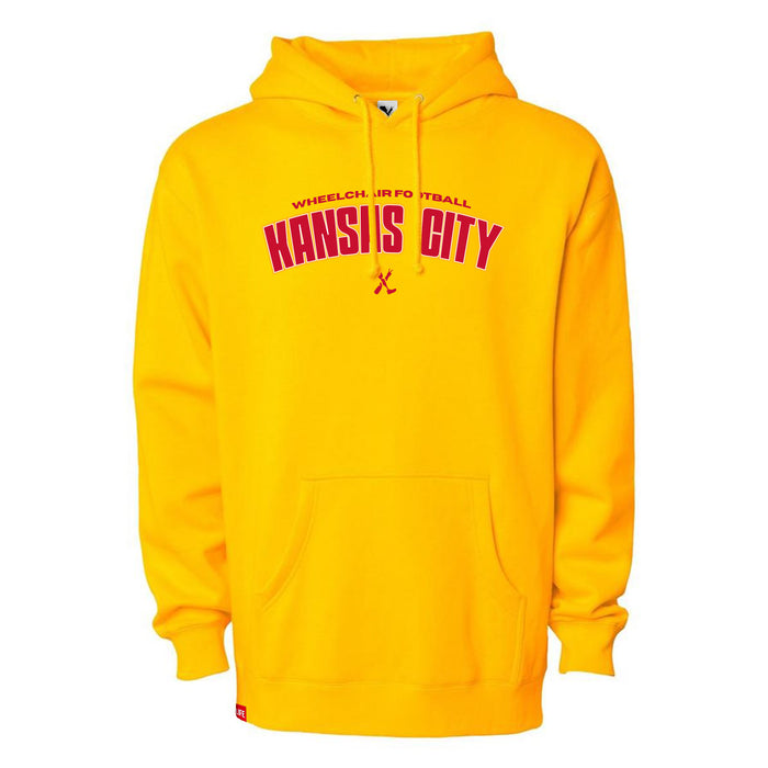 MAS Kansas City Wheelchair Football Arch Gold Hoodie on a white background