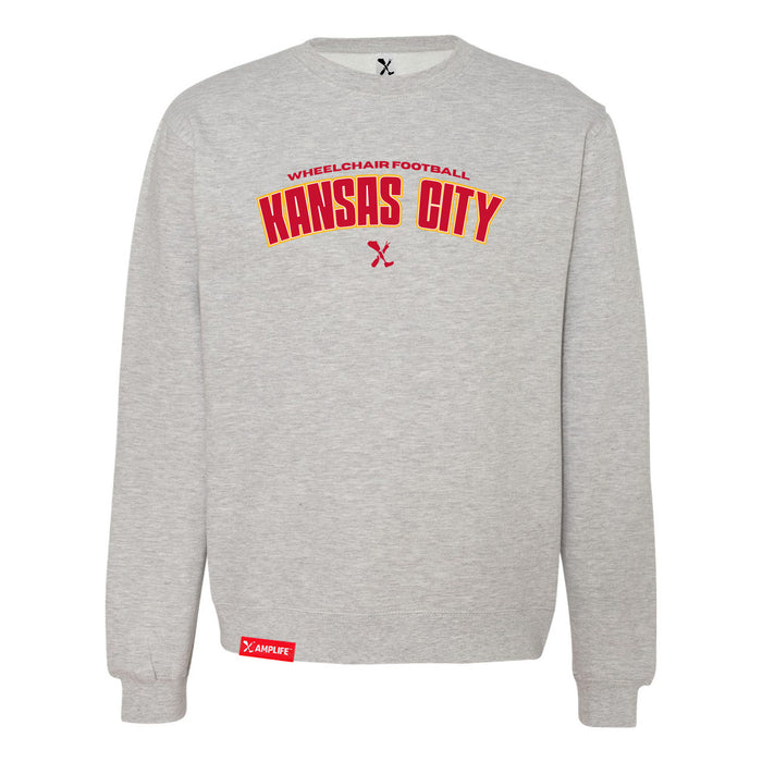 MAS Kansas City Wheelchair Football Arch Heather Grey Crewneck Sweatshirt on a white background