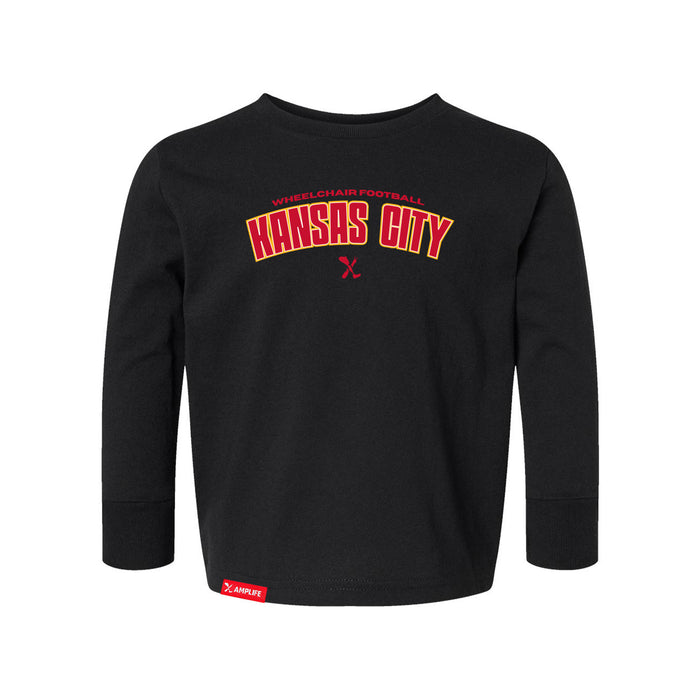 MAS Kansas City Wheelchair Football Arch Toddler Black Long Sleeve T-Shirt on a white background