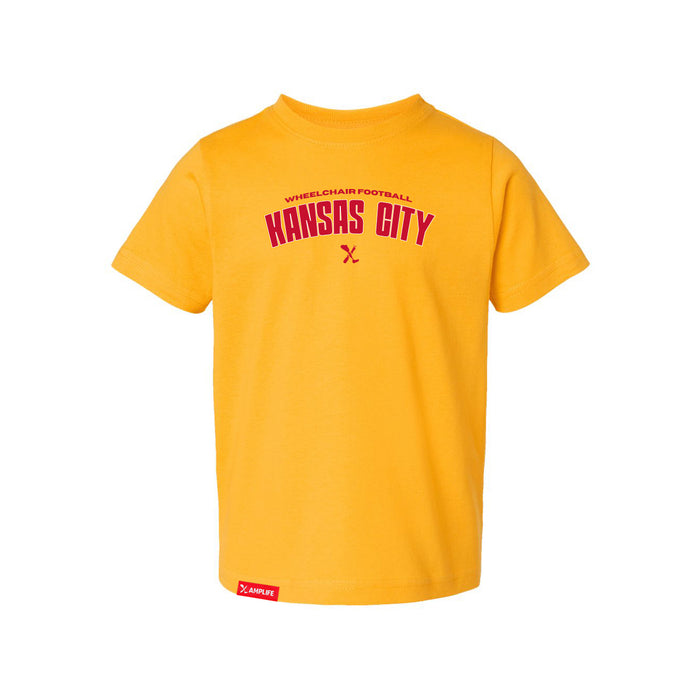 MAS Kansas City Wheelchair Football Arch Toddler Gold T-Shirt on a white background