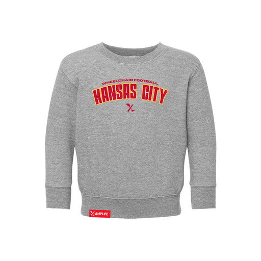 MAS Kansas City Wheelchair Football Arch Toddler Heather Grey Crewneck Sweatshirt on a white background