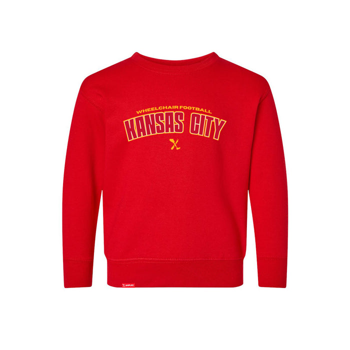 MAS Kansas City Wheelchair Football Arch Toddler Red Crewneck Sweatshirt on a white background