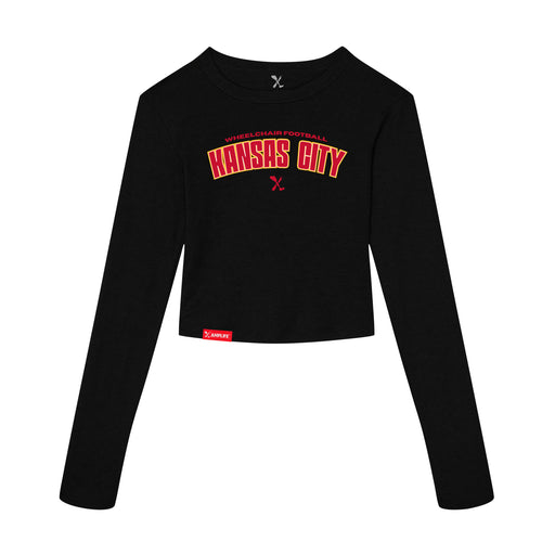 MAS Kansas City Wheelchair Football Arch Women's Black Crop Long Sleeve T-Shirt on a white background