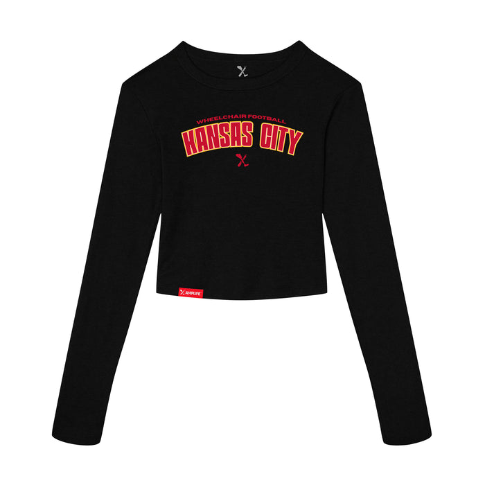 MAS Kansas City Wheelchair Football Arch Women's Black Crop Long Sleeve T-Shirt on a white background