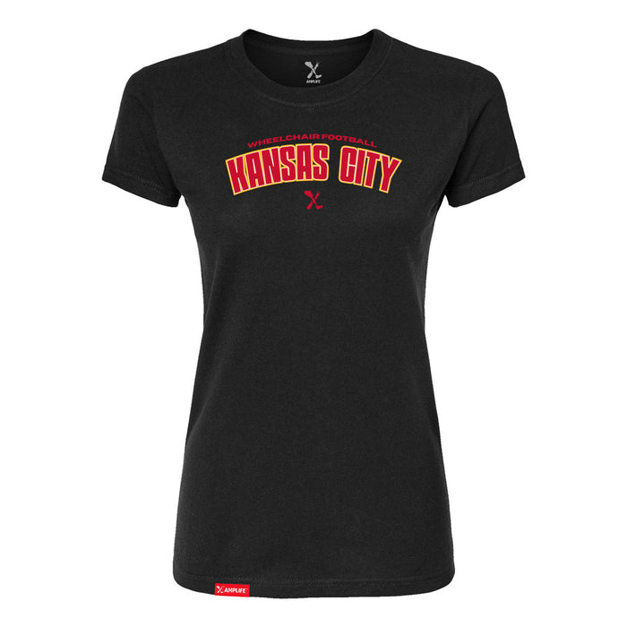 MAS Kansas City Wheelchair Football Arch Women's Black Slim T-Shirt on a white background