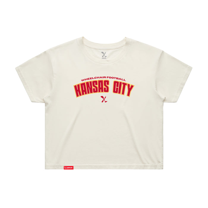 MAS Kansas City Wheelchair Football Arch Women's Ecru Crop T-Shirt on a white background