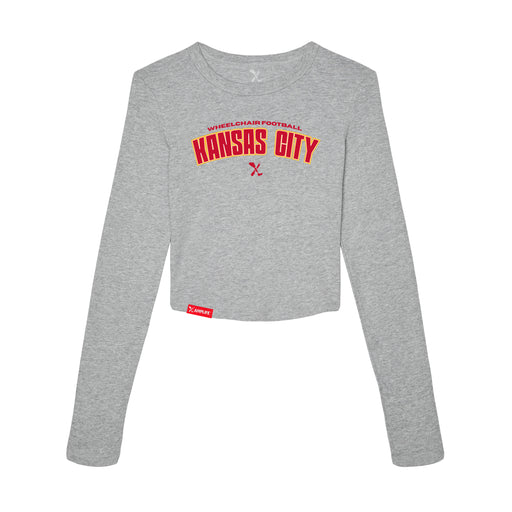 MAS Kansas City Wheelchair Football Arch Women's Heather Grey Crop Long Sleeve T-Shirt on a white background