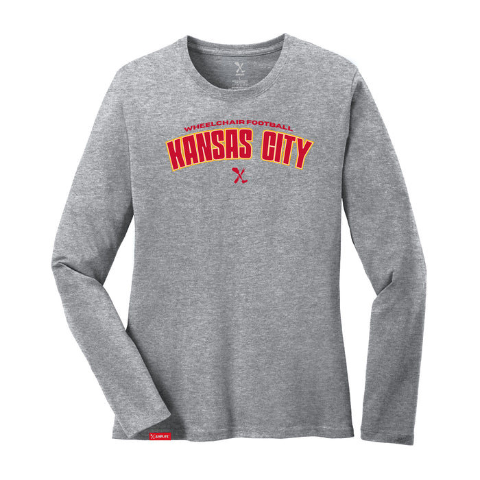 MAS Kansas City Wheelchair Football Arch Women's Heather Grey Long Sleeve T-Shirt on a white background