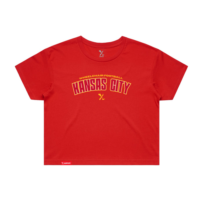 MAS Kansas City Wheelchair Football Arch Women's Red Crop T-Shirt on a white background