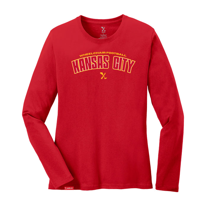 MAS Kansas City Wheelchair Football Arch Women's Red Long Sleeve T-Shirt on a white background