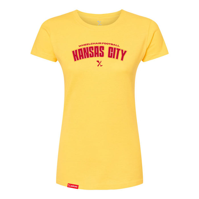 MAS Kansas City Wheelchair Football Arch Women's Yellow & Red Slim T-Shirt on a white background