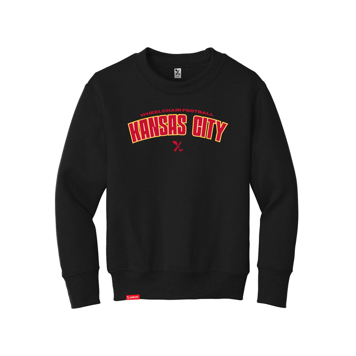 MAS Kansas City Wheelchair Football Arch Youth Black Crewneck Sweatshirt on a white background