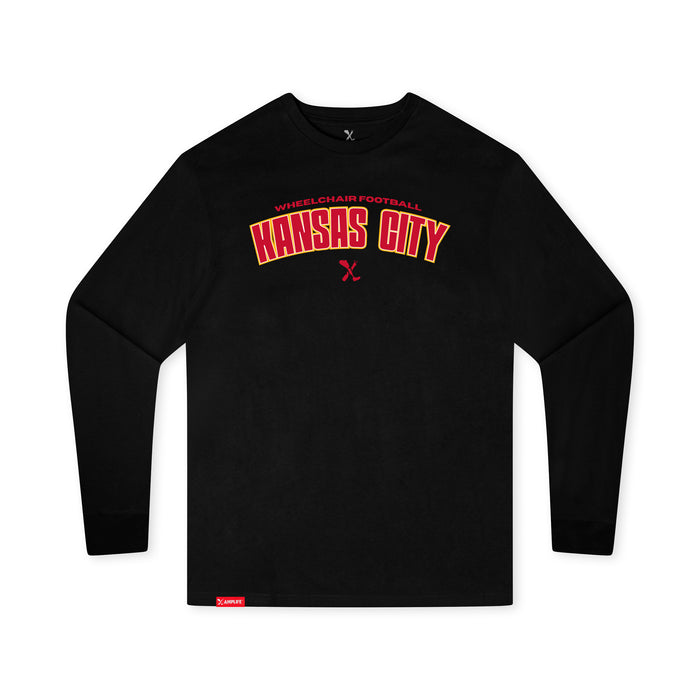 MAS Kansas City Wheelchair Football Arch Youth Black Long Sleeve T-Shirt on a white background