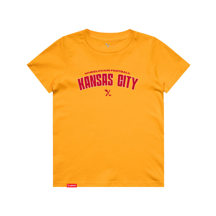 MAS Kansas City Wheelchair Football Arch Youth Gold T-Shirt on a white background