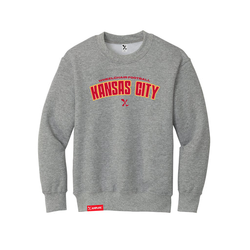 MAS Kansas City Wheelchair Football Arch Youth Heather Grey Crewneck Sweatshirt on a white background