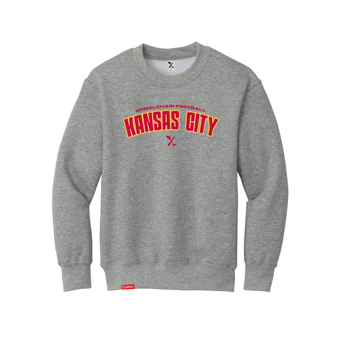 MAS Kansas City Wheelchair Football Arch Youth Heather Grey Crewneck Sweatshirt on a white background