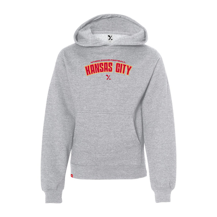 MAS Kansas City Wheelchair Football Arch Youth Heather Grey Hoodie on a white background