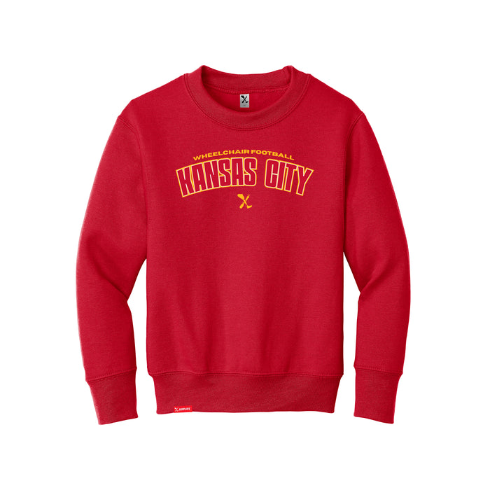 MAS Kansas City Wheelchair Football Arch Youth Red & Gold Crewneck Sweatshirt on a white background