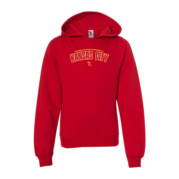 MAS Kansas City Wheelchair Football Arch Youth Red & Gold Hoodie on a white background