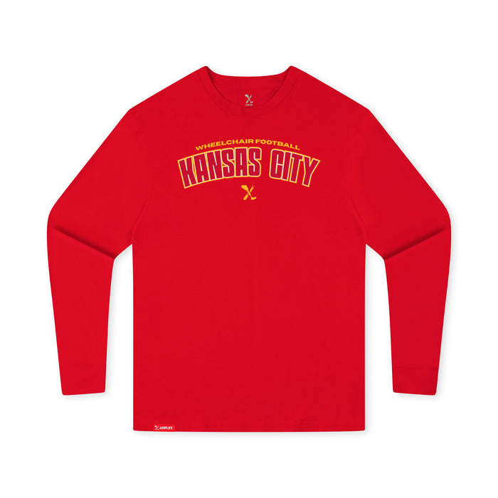 MAS Kansas City Wheelchair Football Arch Youth Red Long Sleeve T-Shirt on a white background